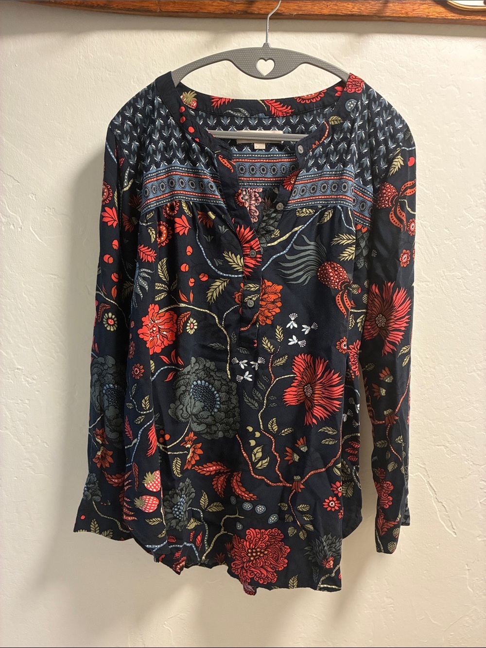 LOFT Navy Multi Floral & Border Print Tunic Top-Size Medium